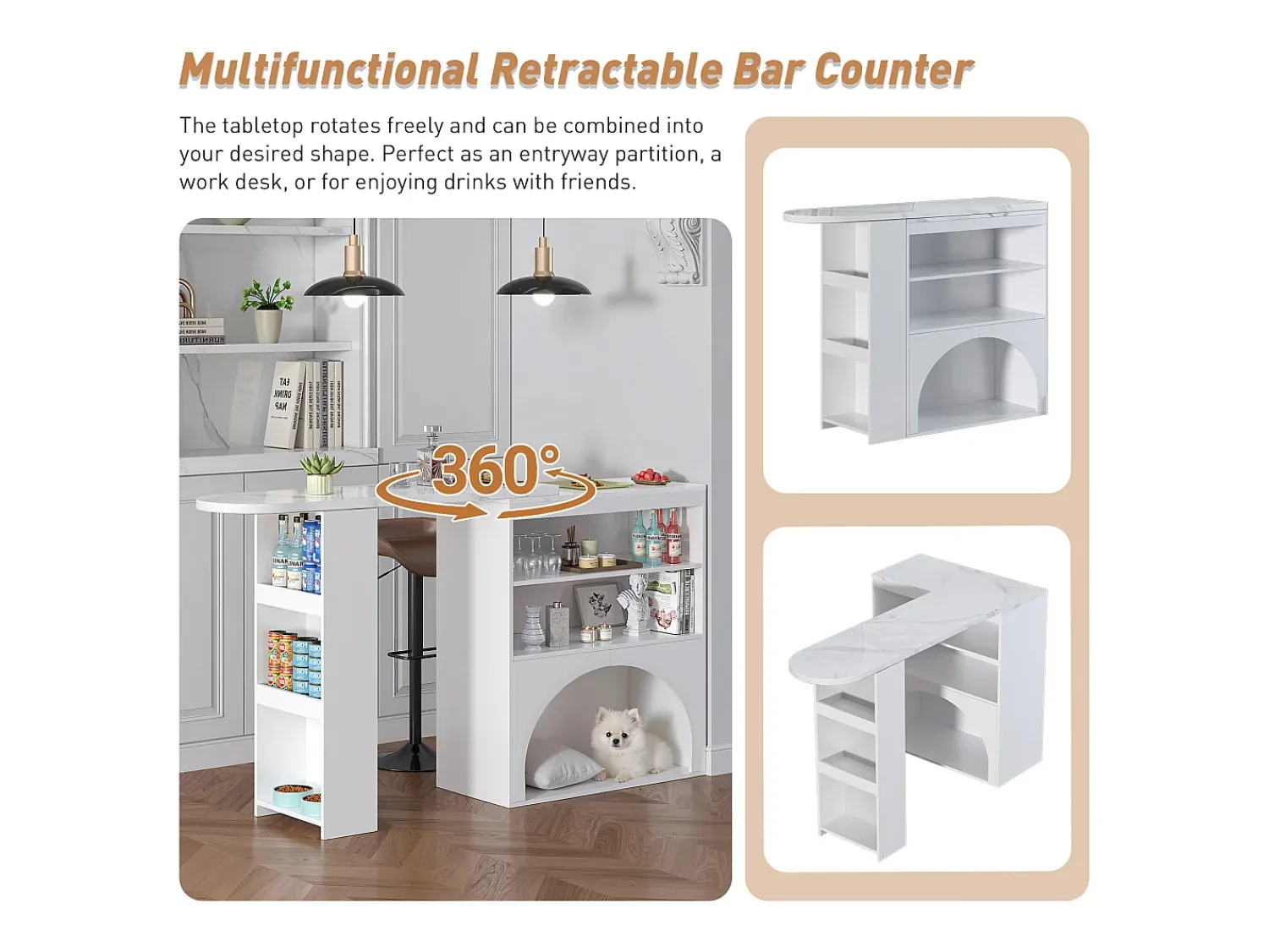 Móvel De Bar*Hauss Spole Mesa de bar giratória com espaço de arrumação e local para animais de estimação - Tampo com efeito mármore - Branco