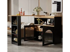 Mesa de bar moderna, extensível, com espaço de armazenamento, giratória, para sala de jantar, com faixa de luz LED de 1 m, preta.^ Móvel De Bar