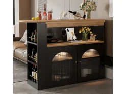 Mesa de bar moderna, extensível, com espaço de armazenamento, giratória, para sala de jantar, com faixa de luz LED de 1 m, preta.^ Móvel De Bar