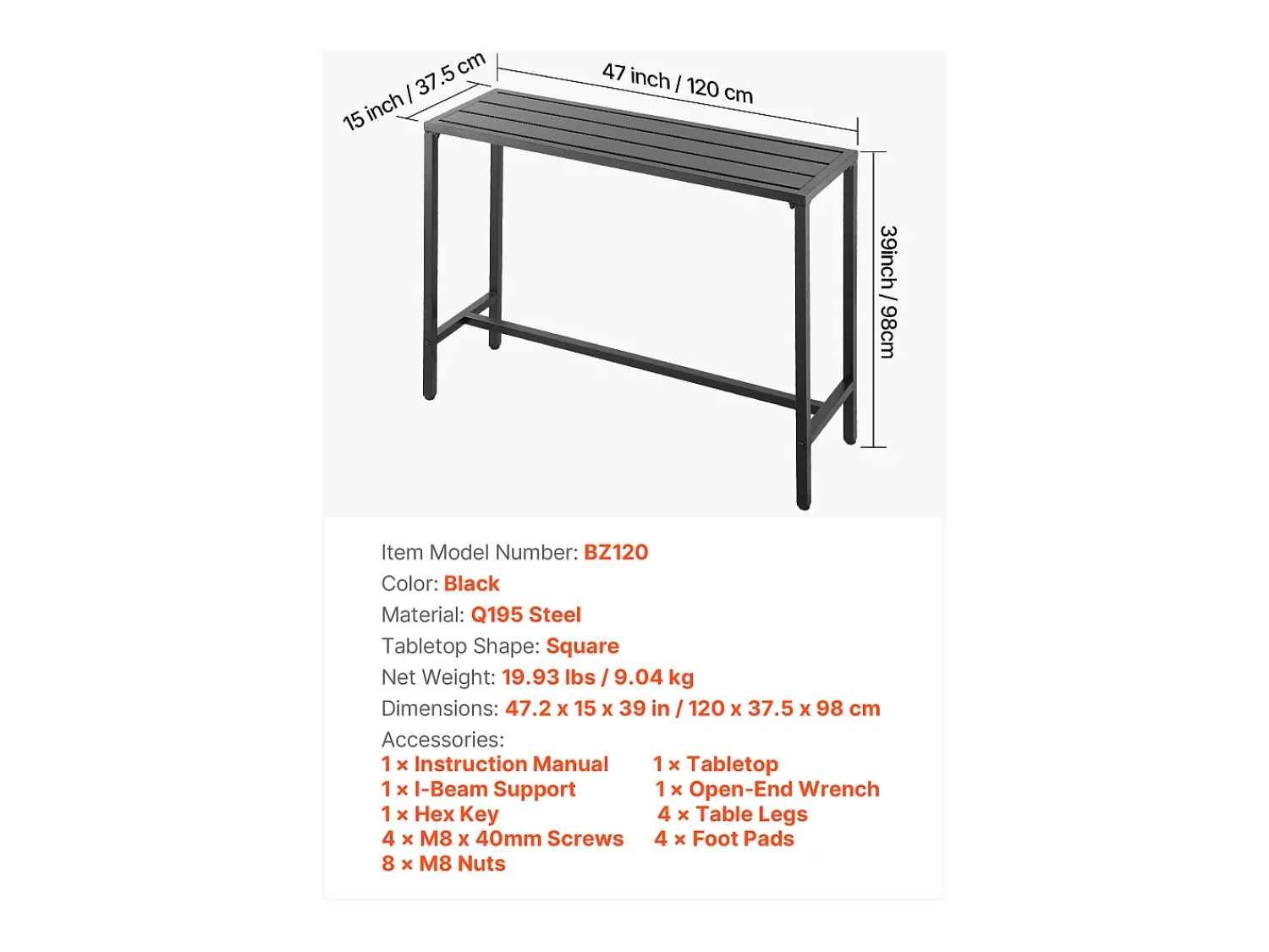 New Mesa de Bar SucceBuy Alta Exterior, 120 x 37,5 cm, Mesa de Jantar Retangular, com Tampo Impermeável, Estrutura de Metal Resistente, Mobiliário de Jardim Preto