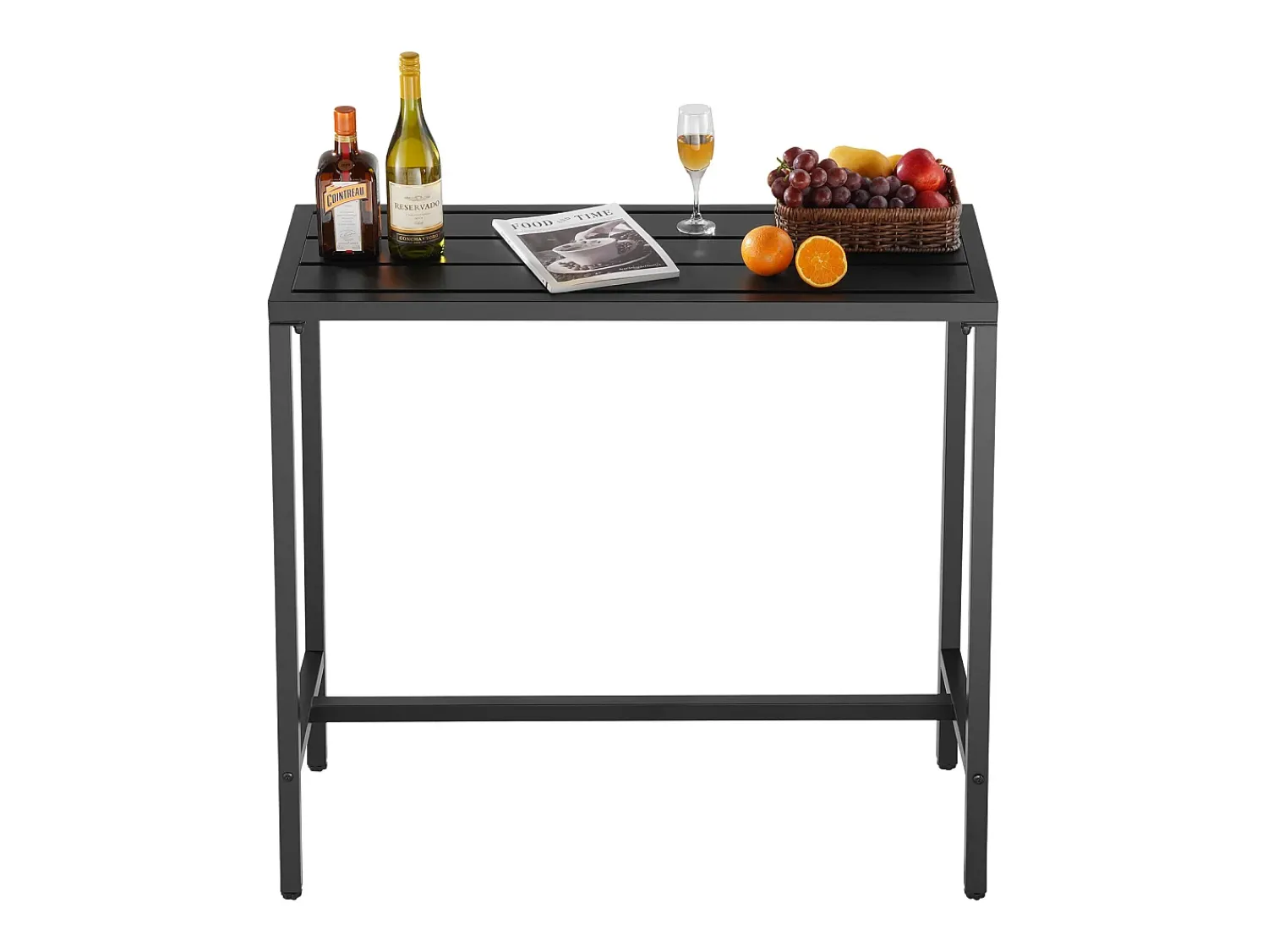 New Mesa de Bar SucceBuy Alta Exterior, 120 x 37,5 cm, Mesa de Jantar Retangular, com Tampo Impermeável, Estrutura de Metal Resistente, Mobiliário de Jardim Preto