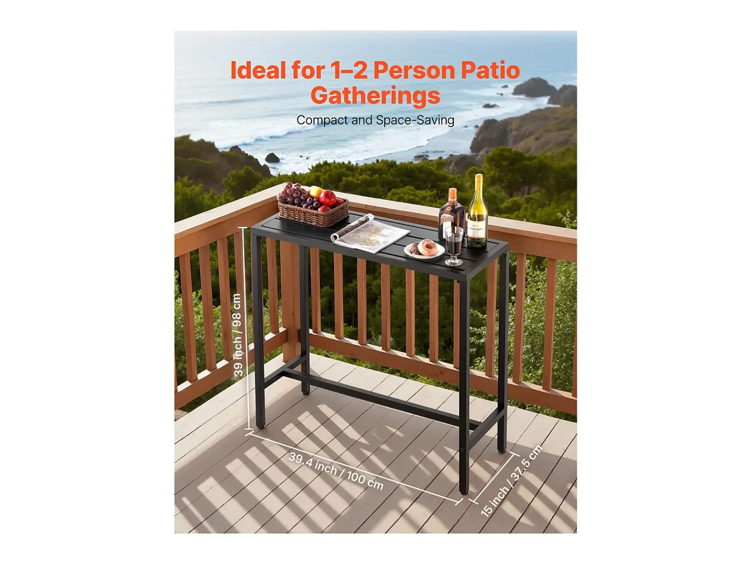Móvel De Bar| Mesa de Bar SucceBuy Alta Exterior, 100 x 37,5 cm, Mesa de Jantar Retangular, com Tampo Impermeável, Estrutura de Metal Resistente, Mobiliário de Jardim Preto