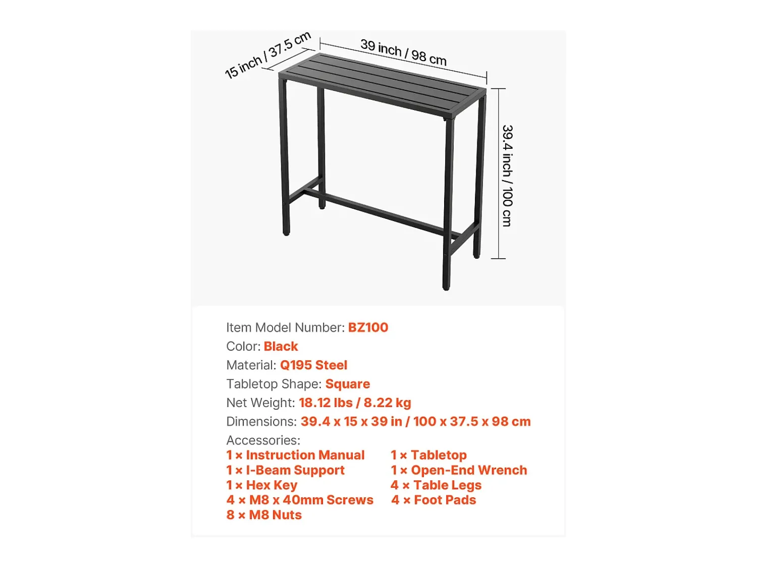 Móvel De Bar| Mesa de Bar SucceBuy Alta Exterior, 100 x 37,5 cm, Mesa de Jantar Retangular, com Tampo Impermeável, Estrutura de Metal Resistente, Mobiliário de Jardim Preto