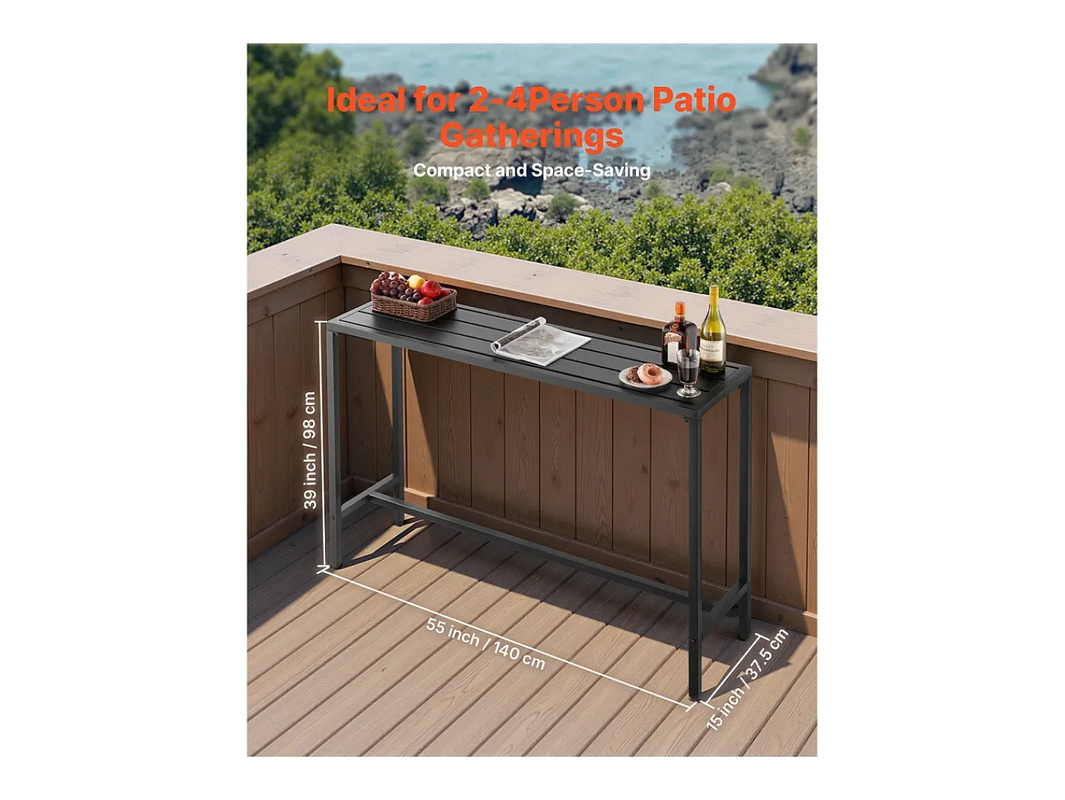 Móvel De Bar* Mesa de Bar SucceBuy Alta Exterior, 140 x 37,5 cm, Mesa de Jantar Retangular, com Tampo Impermeável, Estrutura de Metal Resistente, Mobiliário de Jardim Preto