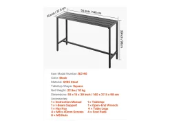Móvel De Bar* Mesa de Bar SucceBuy Alta Exterior, 140 x 37,5 cm, Mesa de Jantar Retangular, com Tampo Impermeável, Estrutura de Metal Resistente, Mobiliário de Jardim Preto