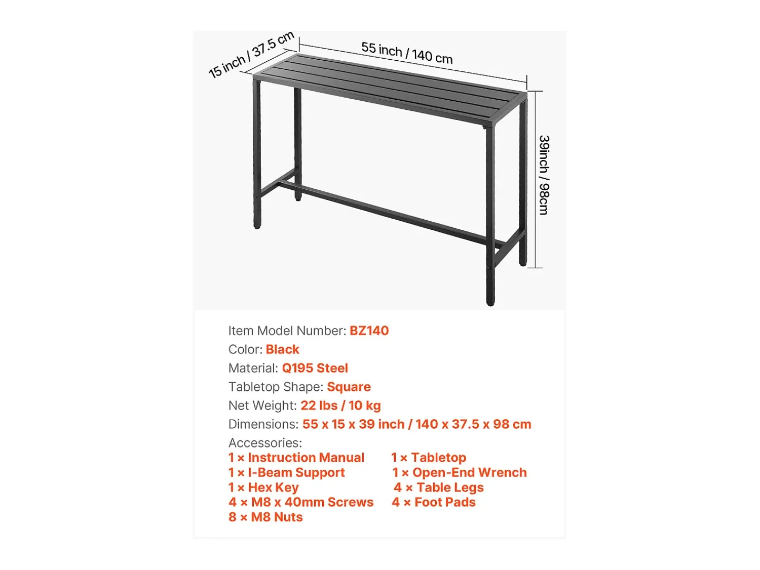 Móvel De Bar* Mesa de Bar SucceBuy Alta Exterior, 140 x 37,5 cm, Mesa de Jantar Retangular, com Tampo Impermeável, Estrutura de Metal Resistente, Mobiliário de Jardim Preto
