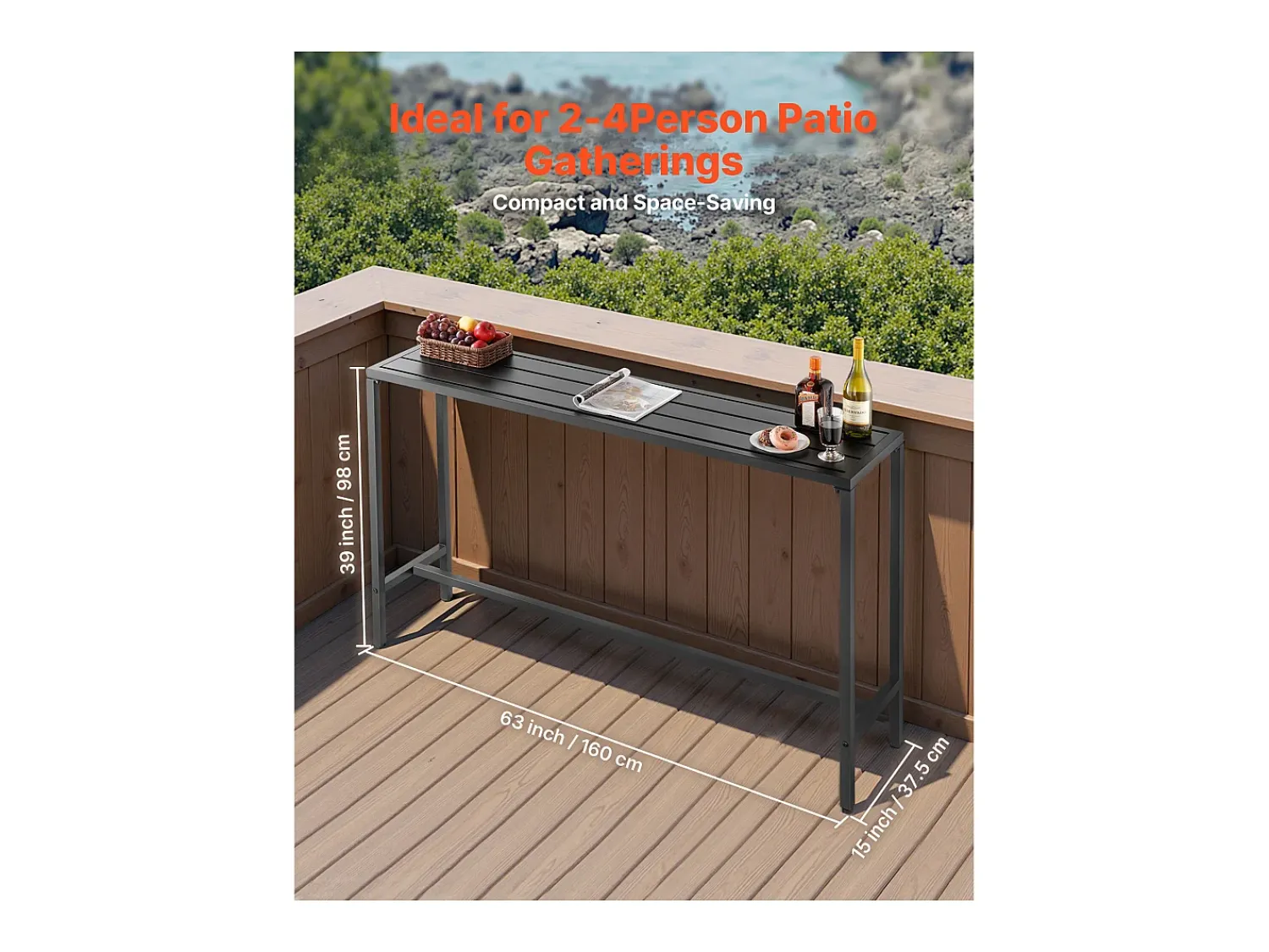 Mesa de Bar SucceBuy Alta Exterior, 160 x 37,5 cm, Mesa de Jantar Retangular, com Tampo Impermeável, Estrutura de Metal Resistente, Mobiliário de Jardim^ Móvel De Bar