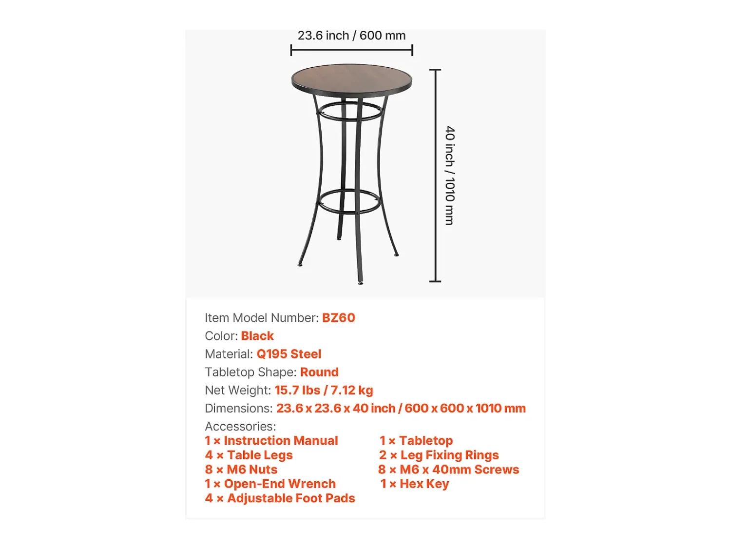 Móvel De Bar| Mesa de Bar SucceBuy Redonda, 60x101 cm, Mesa de Bistrô Alta Exterior, com Tampo, Estrutura de Metal Resistente, Mobiliário de Jardim para Pátio, Terraço Preto