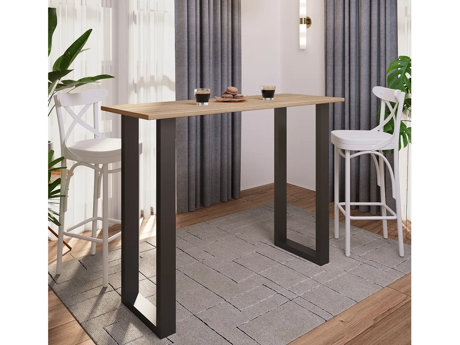Outlet VCM Mesa de bar | Tresen | Mesa em pé | Mesa alta | Mesa de mesa com rolamentos - Xona 140x50 cm (Preto / Sonoma Oak) Multicor