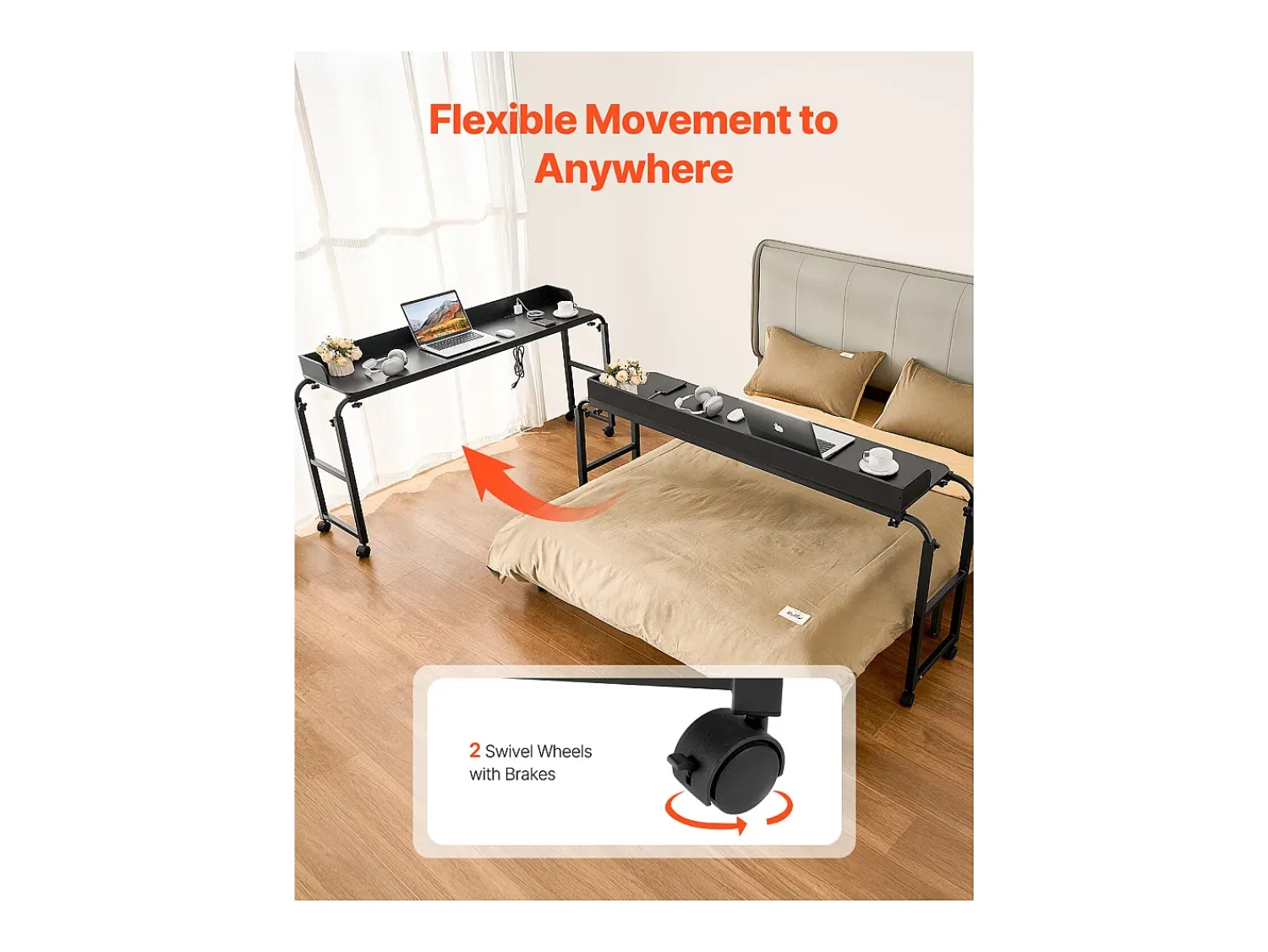 Outlet Mesa de Cabeceira Móvel SucceBuy, Mesa de Apoio com 4 Rodízios e Tomada, Secretária de Cabeceira com Altura Ajustável para Casa, Escritório, Preta Preto