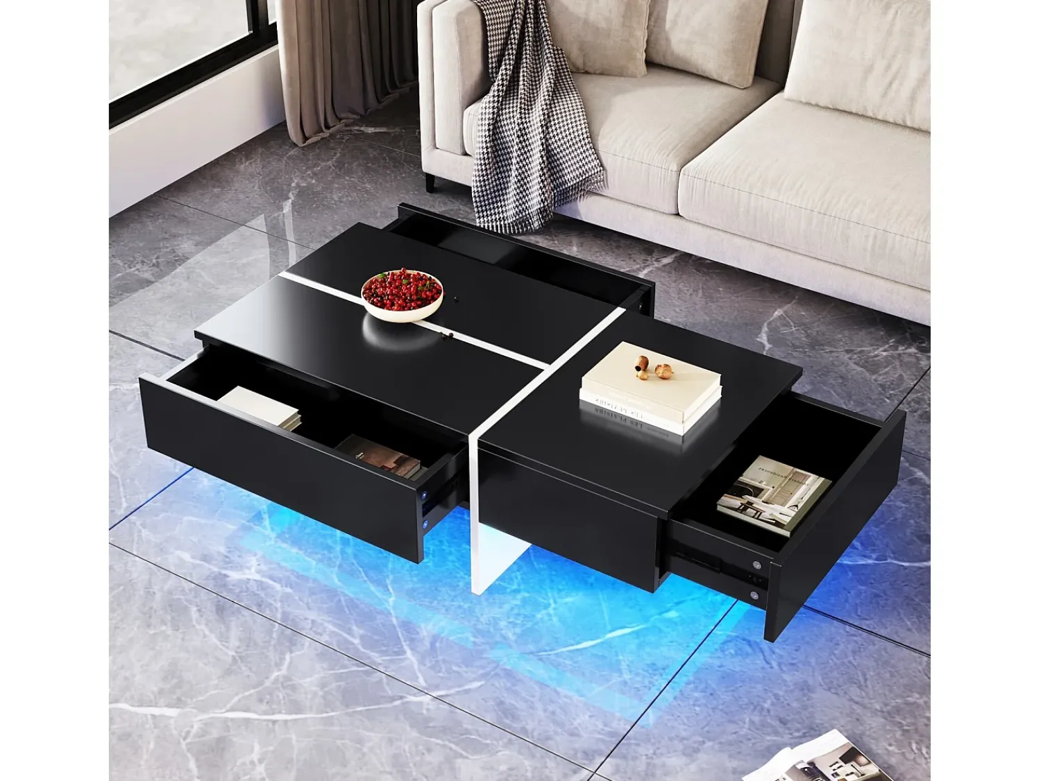 Outlet DripeX Mesa de café de 3 -acumulada, com LEDs e aplicativo, painel de partículas, e branco, 100x50 x34.5cm Preto
