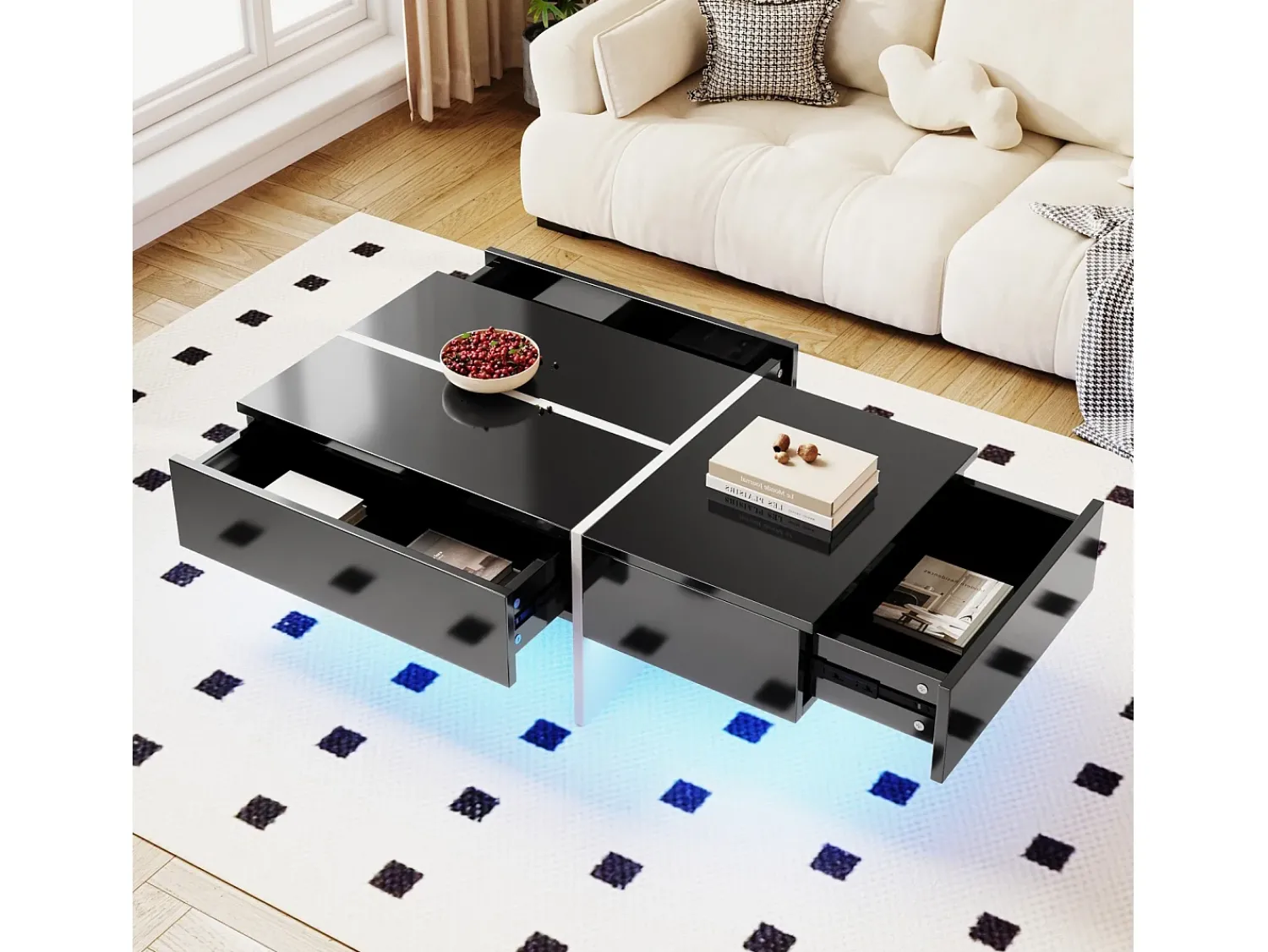 Outlet DripeX Mesa de café de 3 -acumulada, com LEDs e aplicativo, painel de partículas, e branco, 100x50 x34.5cm Preto