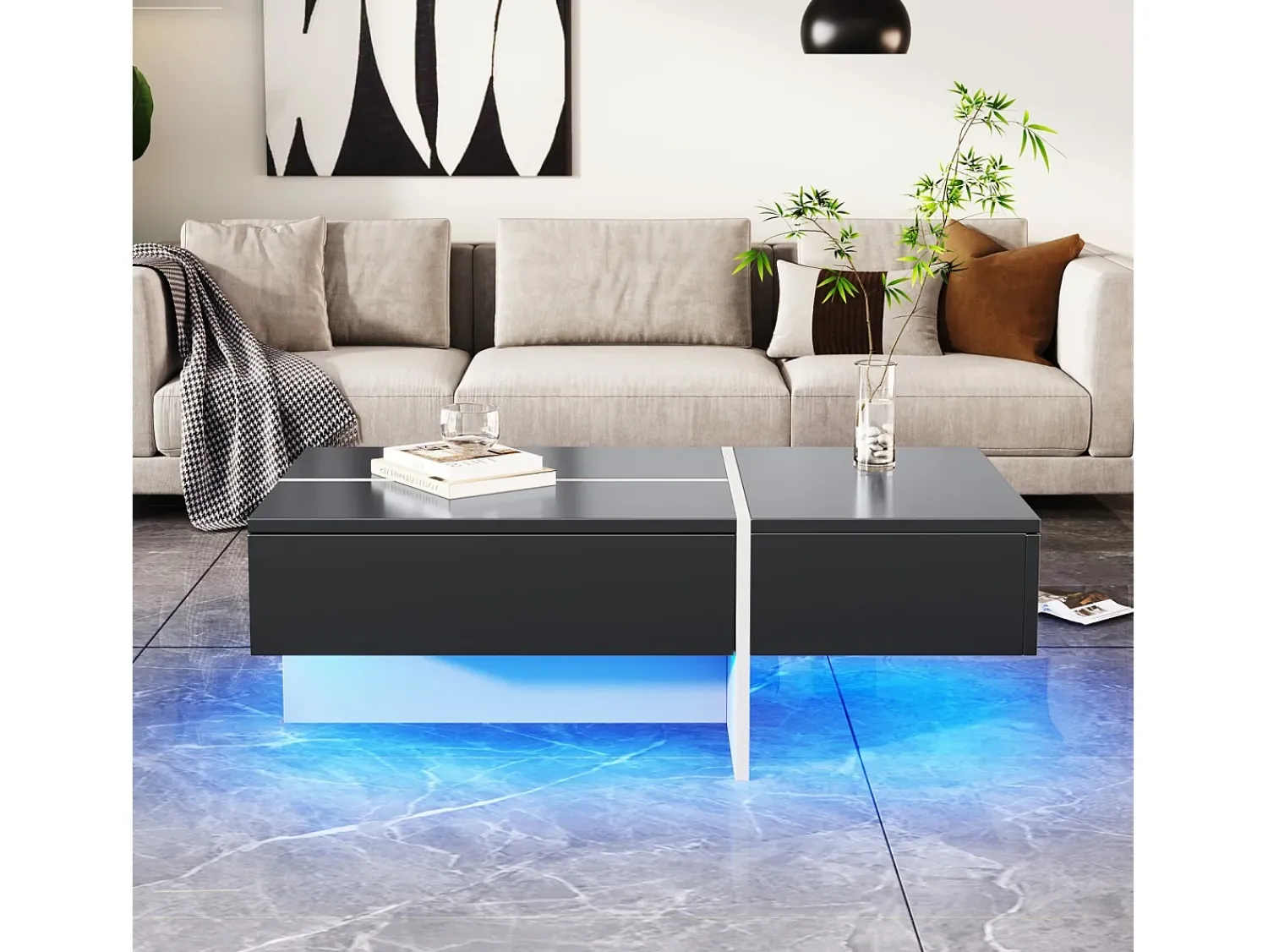 Outlet DripeX Mesa de café de 3 -acumulada, com LEDs e aplicativo, painel de partículas, e branco, 100x50 x34.5cm Preto