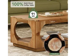 Mesa De Centro|Tribesigns Mesa de Café de Madeira Sólida, 120cm Mesas Centrais de Madeira Rural com Armazenamento para Sala de Estar, 2 Andares Castanho