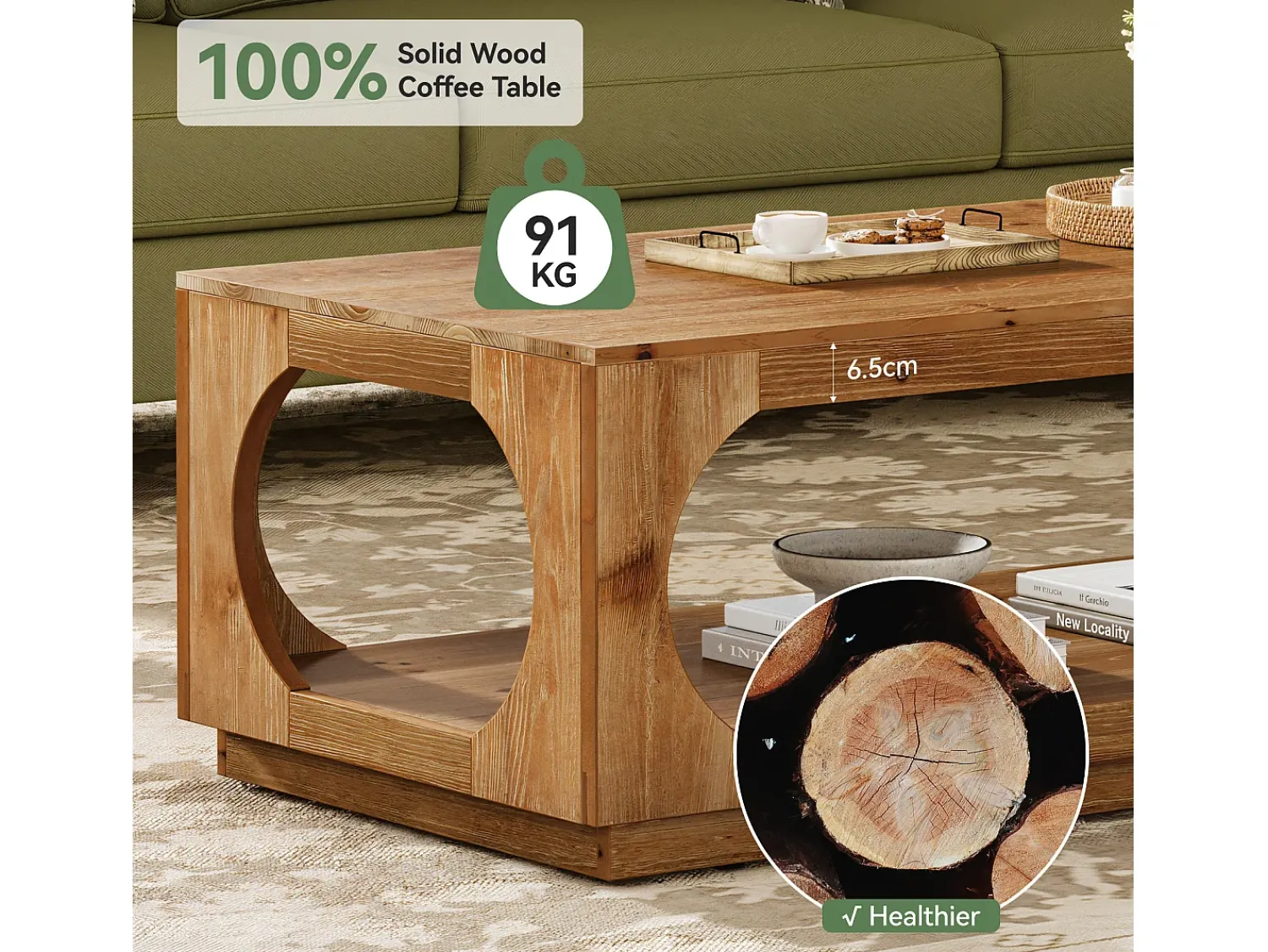Mesa De Centro|Tribesigns Mesa de Café de Madeira Sólida, 120cm Mesas Centrais de Madeira Rural com Armazenamento para Sala de Estar, 2 Andares Castanho