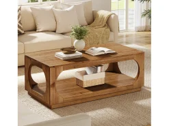 Mesa De Centro|Tribesigns Mesa de Café de Madeira Sólida, 120cm Mesas Centrais de Madeira Rural com Armazenamento para Sala de Estar, 2 Andares Castanho