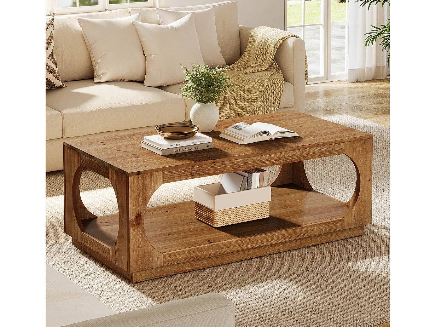Mesa De Centro|Tribesigns Mesa de Café de Madeira Sólida, 120cm Mesas Centrais de Madeira Rural com Armazenamento para Sala de Estar, 2 Andares Castanho