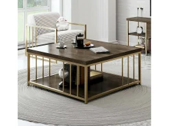 Hot Dmora Mesa de café Dfedrizz, Mesa de café, Suporte para sofá, Prateleira para sala, 90x90h40 cm, Noz e Ouro Castanho