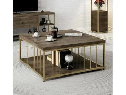 Hot Dmora Mesa de café Dfedrizz, Mesa de café, Suporte para sofá, Prateleira para sala, 90x90h40 cm, Noz e Ouro Castanho