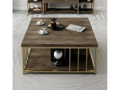 Hot Dmora Mesa de café Dfedrizz, Mesa de café, Suporte para sofá, Prateleira para sala, 90x90h40 cm, Noz e Ouro Castanho