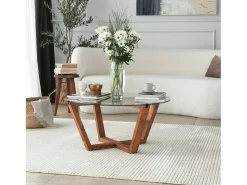 Dmora Mesa de café Dflorenz, TavOlo baixo de café, Suporte de revistas para sofá, Prateleira de sala de estar, 75x75h35 cm, Noz^ Mesa De Centro