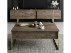 Dmora Mesa de café Dgiagnon, Mesa de café, Porta-revistas pEr sofá, prateleira de sala de estar, 90x60h40 cm, nogueira e ouro Castanho