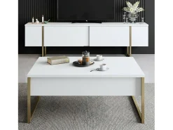Mesa De Centro|Dmora Mesa de café Dgiagnon, Mesa baixa para café, Porta-revistas para sofá, Prateleira para sala de estar, 90x60h40 cm, e Dourado Branco