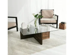 Dmora Mesa de café Dharasli, Mesa de café, Porta-revistas para sofá, Prateleira para sala, 90x90h35 cm, Nogueira^ Mesa De Centro