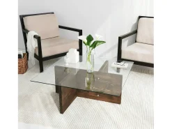 Dmora Mesa de café Dharasli, Mesa de café, Porta-revistas para sofá, Prateleira para sala, 90x90h35 cm, Nogueira^ Mesa De Centro