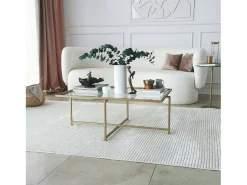 Mesa De Centro*Dmora Mesa de café Dionit, Mesa baixa para café, Suporte para sofá, Prateleira para sala de estar, 94x64h35 cm, Ouro Dourado