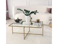 Mesa De Centro*Dmora Mesa de café Dionit, Mesa baixa para café, Suporte para sofá, Prateleira para sala de estar, 94x64h35 cm, Ouro Dourado