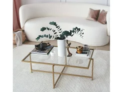 Mesa De Centro*Dmora Mesa de café Dionit, Mesa baixa para café, Suporte para sofá, Prateleira para sala de estar, 94x64h35 cm, Ouro Dourado