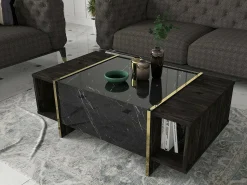 Dmora Mesa de café Dpagliar, Mesa baixa para café, Suporte para sofá, Prateleira para sala, 104x60h37 cm, e Dourado^ Mesa De Centro