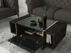 Dmora Mesa de café Dpagliar, Mesa baixa para café, Suporte para sofá, Prateleira para sala, 104x60h37 cm, e Dourado^ Mesa De Centro