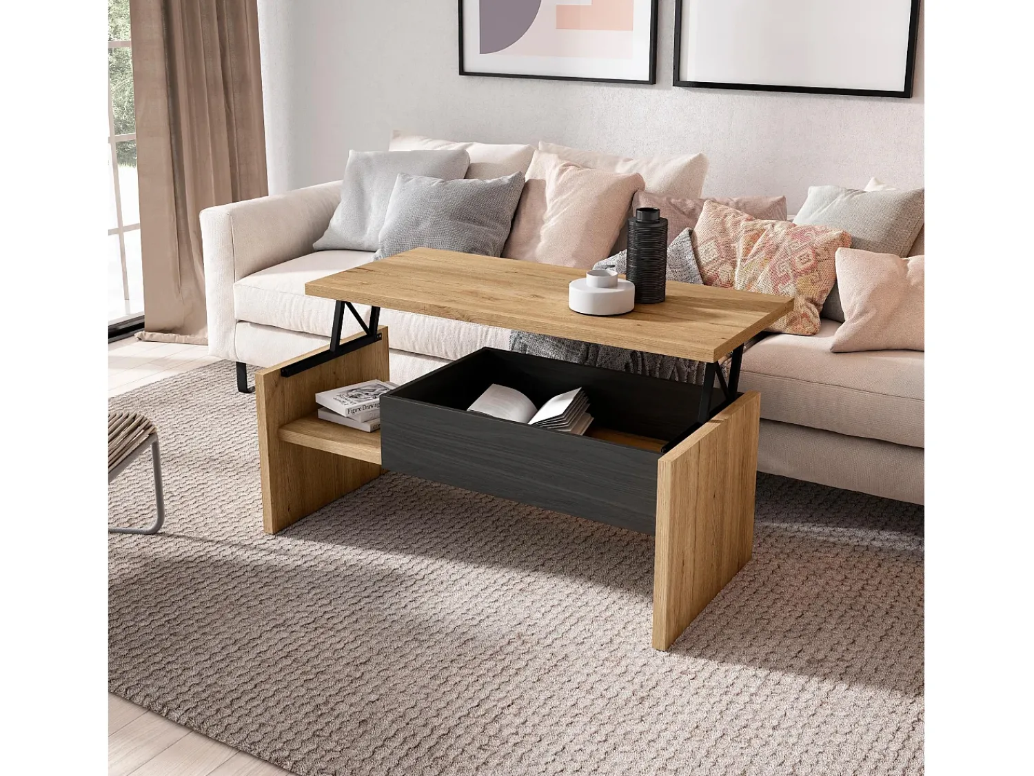 Mesa De Centro|Skraut Home Mesa de Café Elevatória, 110x50x45cm, Móveis Sala Estar, Carvalho e preto Bege