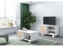 Mesa De Centro|Skraut Home Mesa de café modelo WIND, cor Branco e Carvalho, 92x50x45cm Natural claro