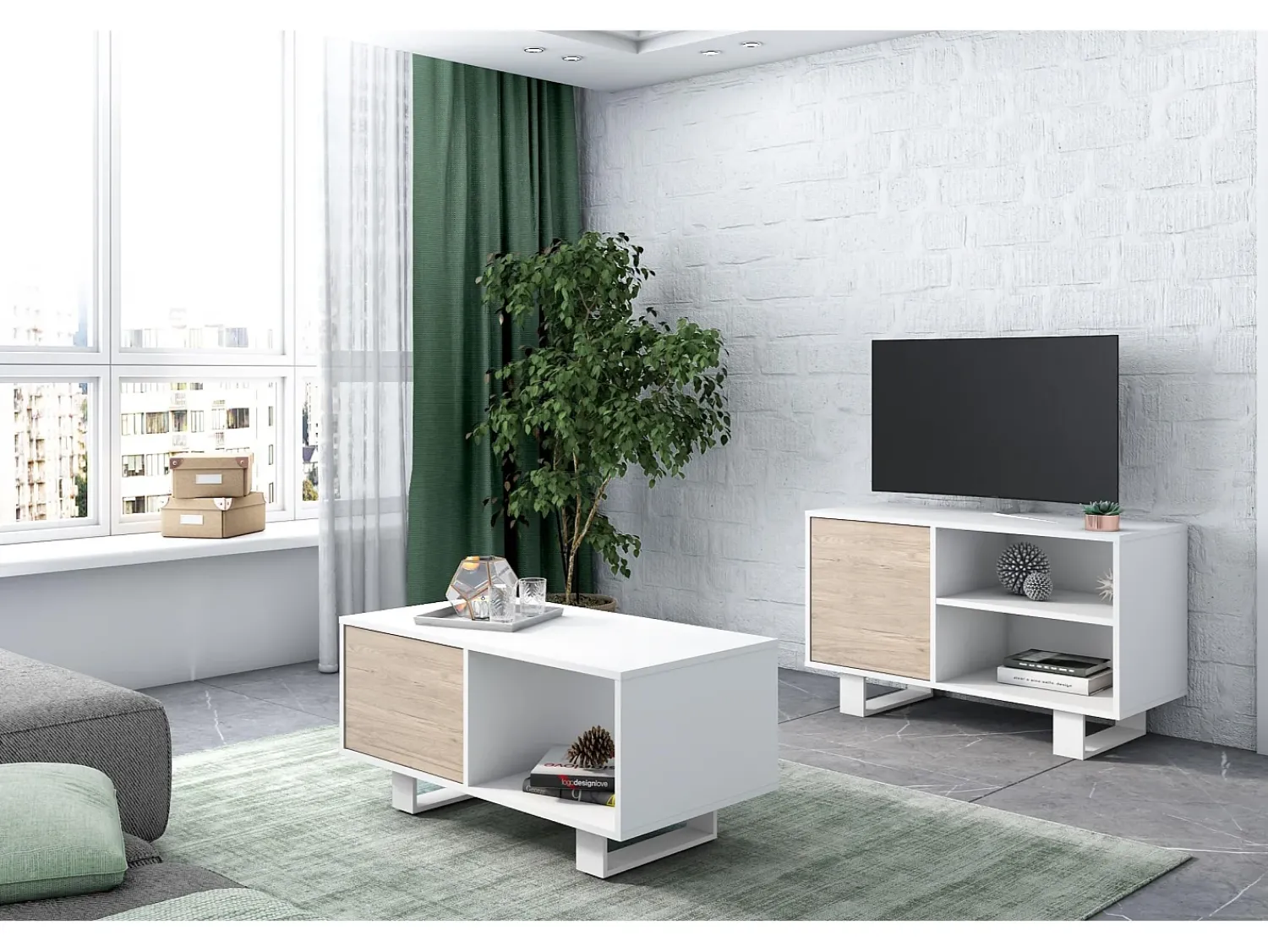 Mesa De Centro|Skraut Home Mesa de café modelo WIND, cor Branco e Carvalho, 92x50x45cm Natural claro