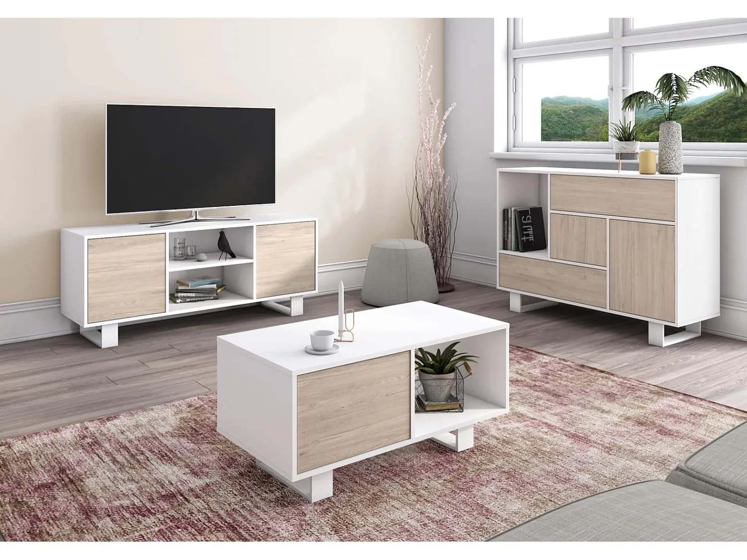 Mesa De Centro|Skraut Home Mesa de café modelo WIND, cor Branco e Carvalho, 92x50x45cm Natural claro