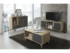 Mesa De Centro|Skraut Home Mesa de café modelo WIND, cor Carvalho e Cinza Antracite, 92x50x45cm. Natural claro