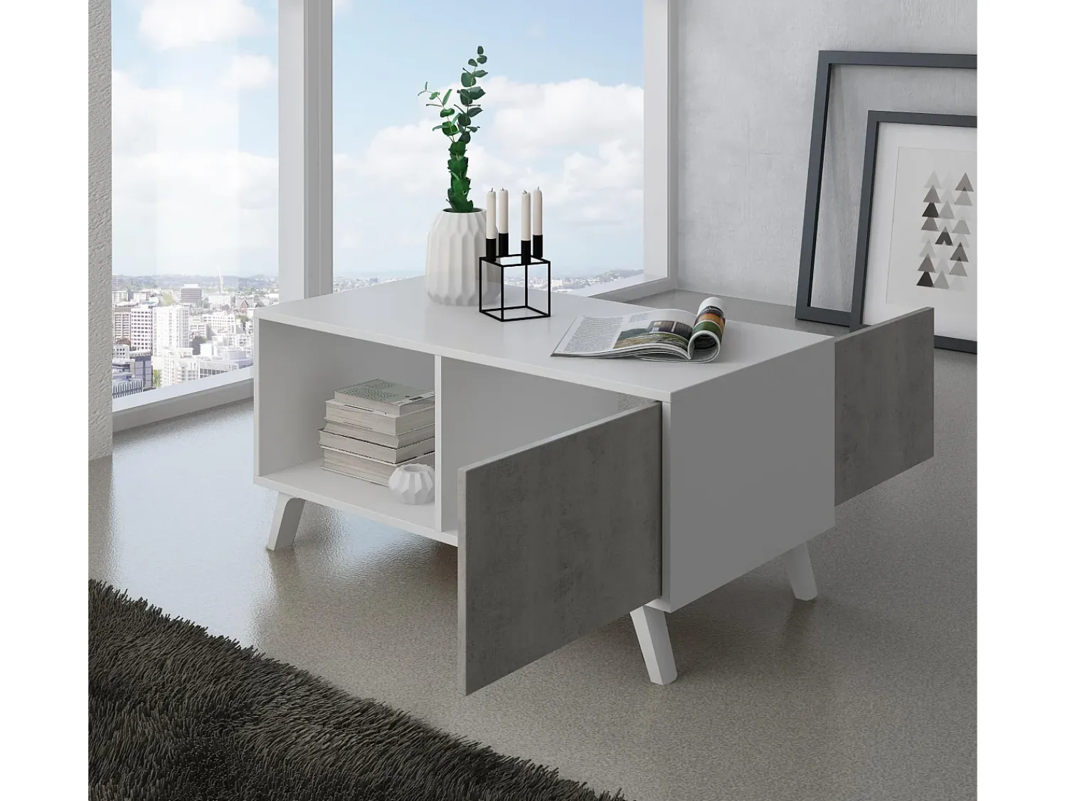Mesa De Centro*Skraut Home Mesa de café modelo WIND, cor e Cinza Cimento, 92x50x45cm Branco