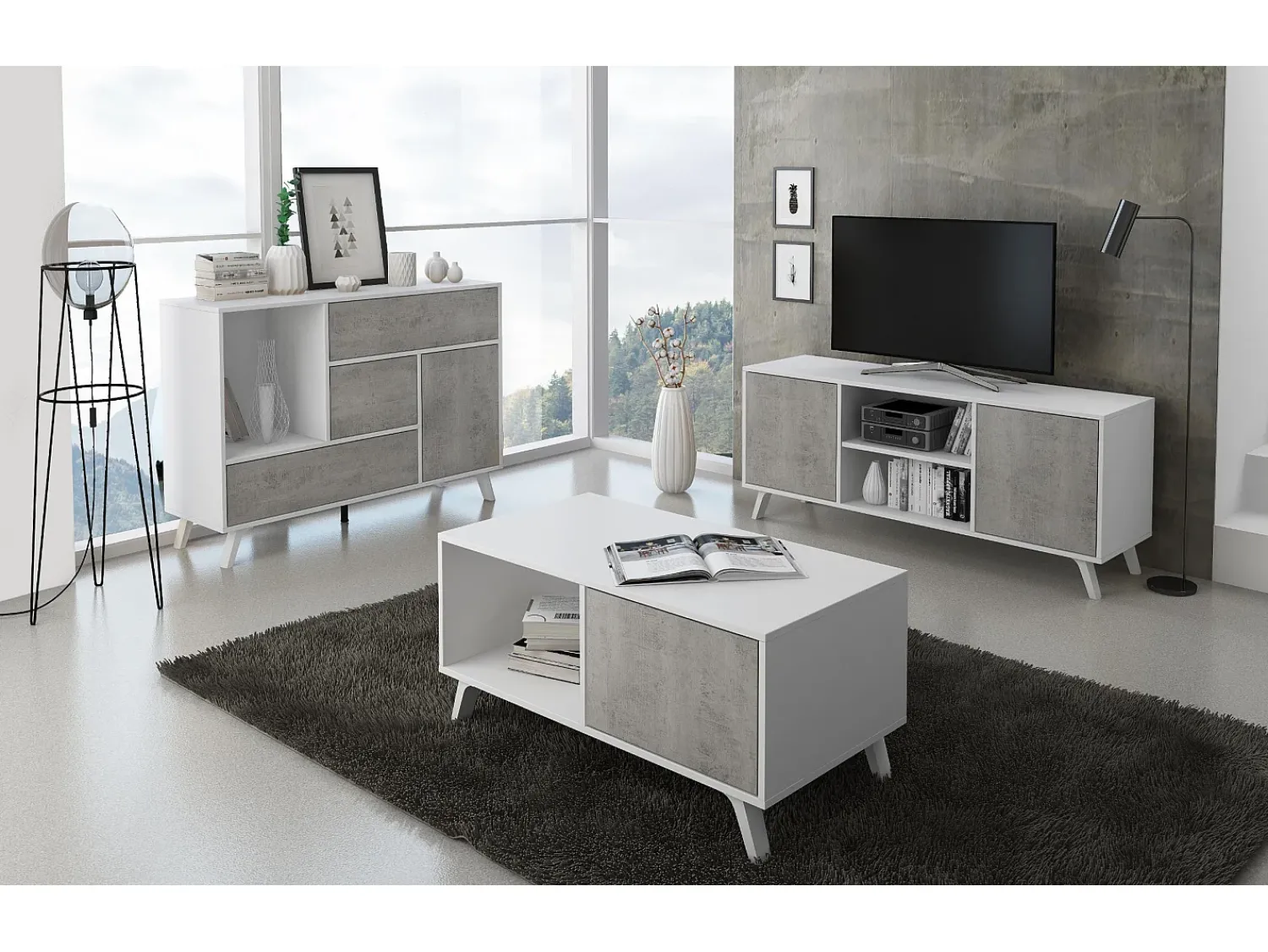 Mesa De Centro*Skraut Home Mesa de café modelo WIND, cor e Cinza Cimento, 92x50x45cm Branco