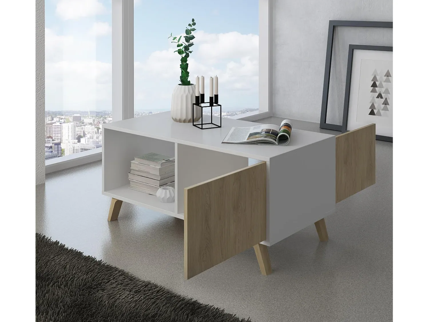 Mesa De Centro|Skraut Home Mesa de café modelo WIND, cor Branco e Carvalho, 92x50x45cm Natural claro