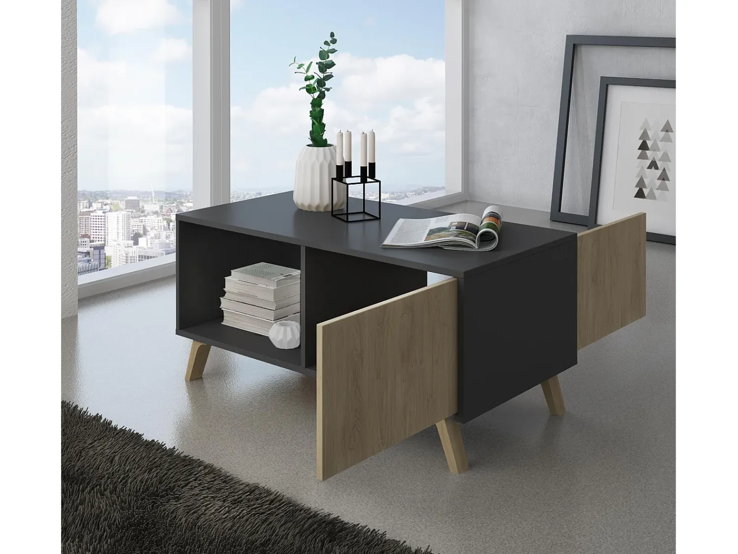 Mesa De Centro*Skraut Home Mesa de café modelo WIND, cor Cinza Antracite e Carvalho, 92x50x45cm Natural claro
