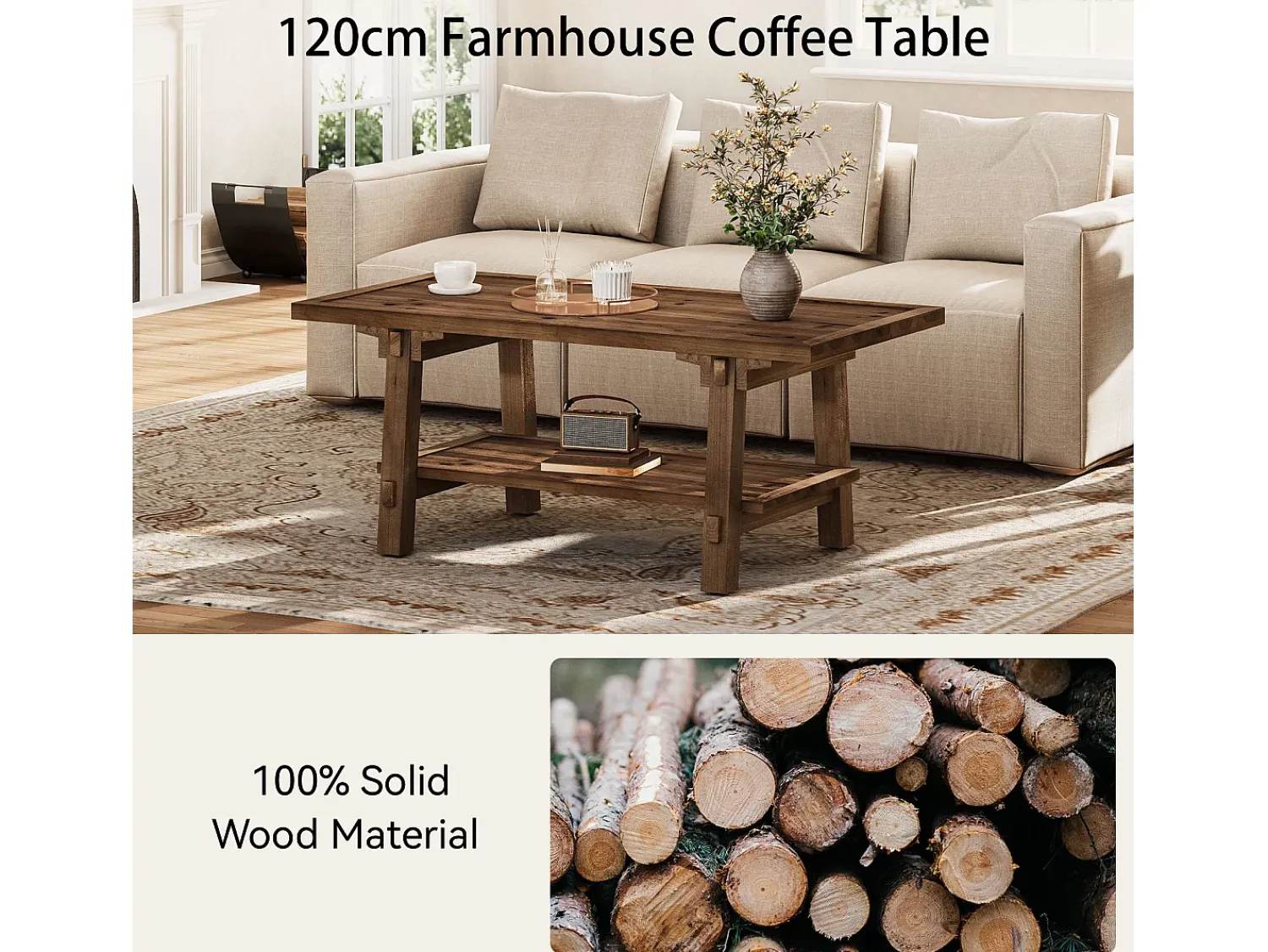 Mesa De Centro|Tribesigns Mesa de Café para Sala de Estar, Mesa de Cocktail Central Rustica de 120cm com Pernas Firmes Castanho