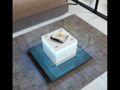 Mesa De Centro*DripeX Mesa de café quadrada giratória - com LEDs ajustáveis e rodízios de freio - Painel de vidro e partículas - branco e - 80x80x40cm Preto