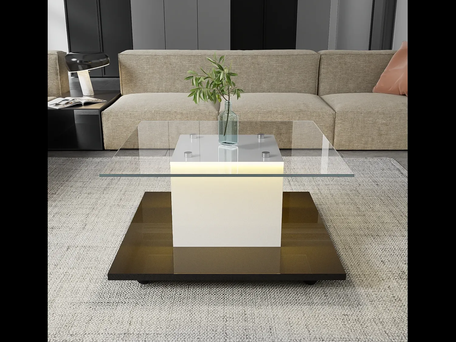 Mesa De Centro*DripeX Mesa de café quadrada giratória - com LEDs ajustáveis e rodízios de freio - Painel de vidro e partículas - branco e - 80x80x40cm Preto