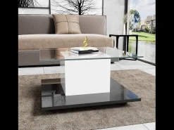 Mesa De Centro*DripeX Mesa de café quadrada giratória - com LEDs ajustáveis e rodízios de freio - Painel de vidro e partículas - branco e - 80x80x40cm Preto
