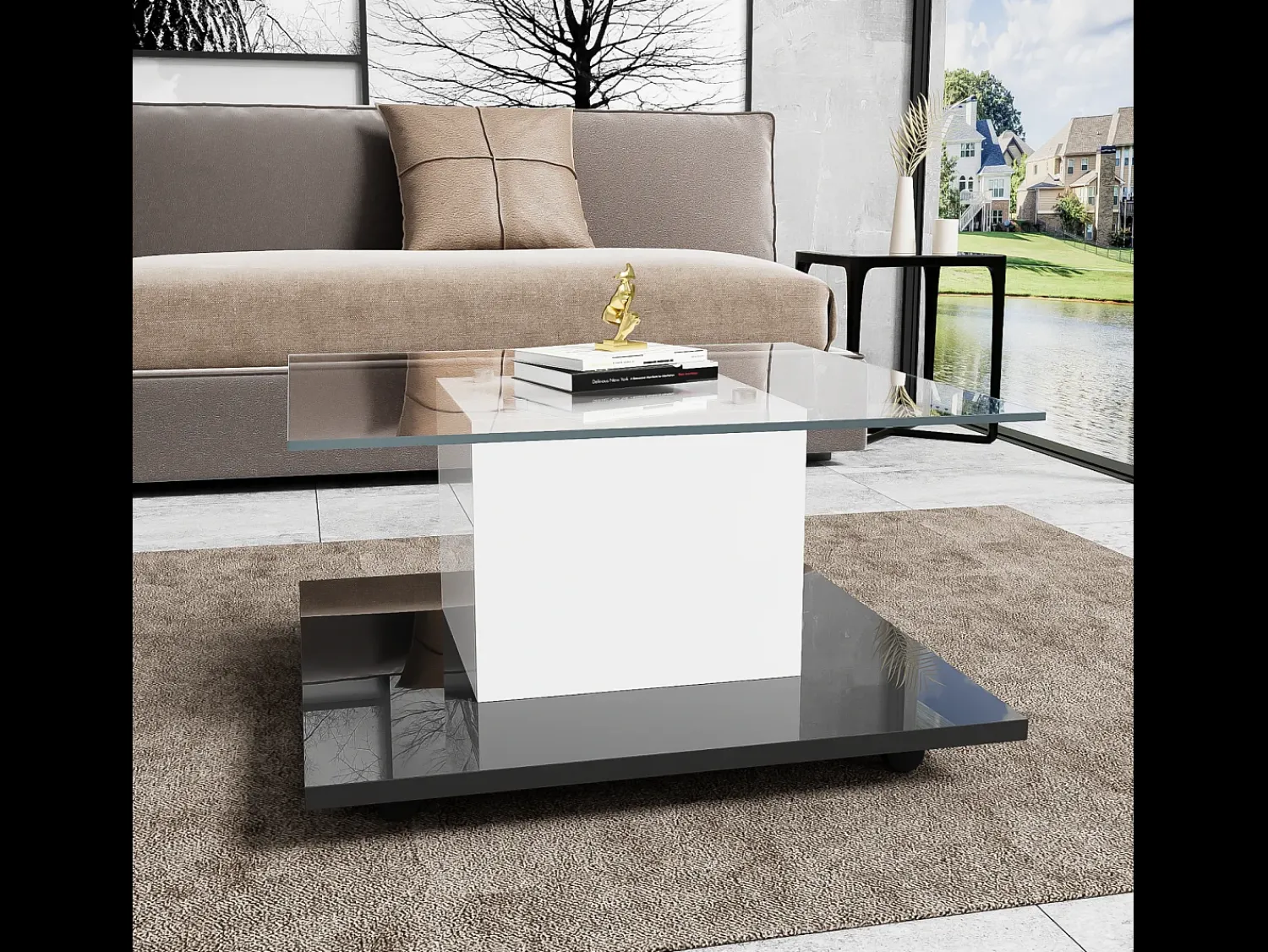 Mesa De Centro*DripeX Mesa de café quadrada giratória - com LEDs ajustáveis e rodízios de freio - Painel de vidro e partículas - branco e - 80x80x40cm Preto