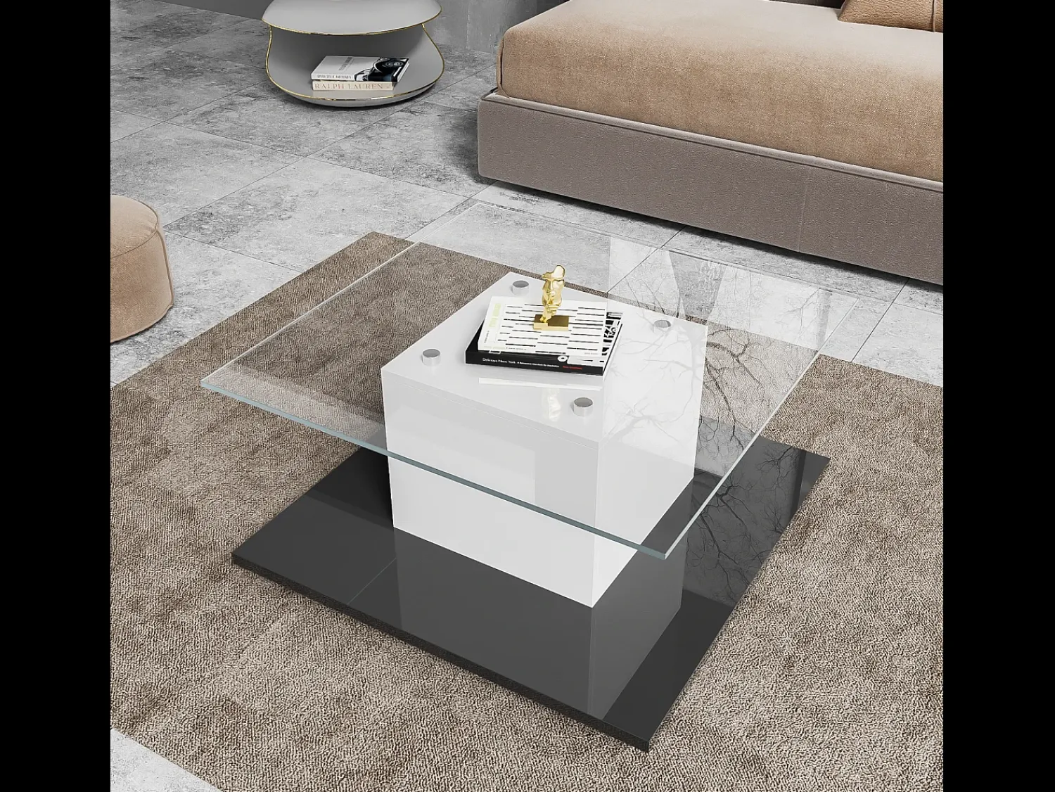 Mesa De Centro*DripeX Mesa de café quadrada giratória - com LEDs ajustáveis e rodízios de freio - Painel de vidro e partículas - branco e - 80x80x40cm Preto