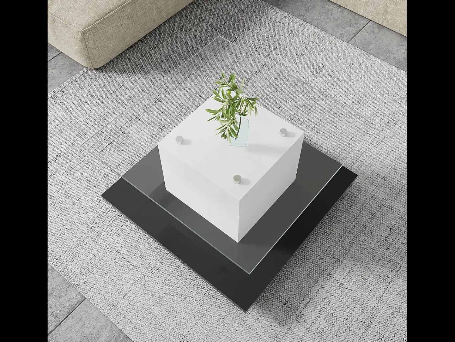 Mesa De Centro*DripeX Mesa de café quadrada giratória - com LEDs ajustáveis e rodízios de freio - Painel de vidro e partículas - branco e - 80x80x40cm Preto